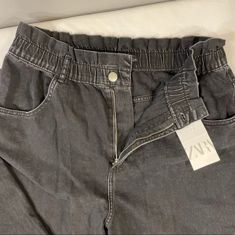 NWT Zara Black Elastic Paper Bag Waist Ultra High Rise 100% Cotton Jeans Size XL - Picture 7 of 16